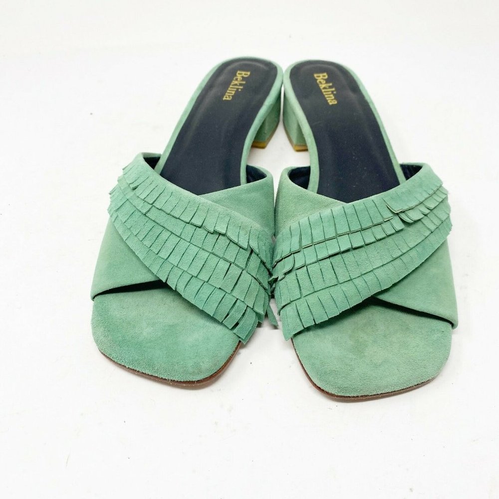 Beklina Womens Green Suede Criss-Cross Ruffle Strap Slip On Slide Sandals Sz 10 - Picture 2 of 7
